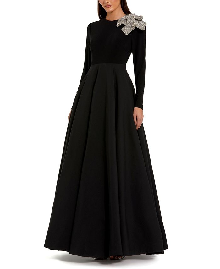 

Бальное платье из тафты с длинными рукавами и 3D-цветочной отделкой Mac Duggal, черный