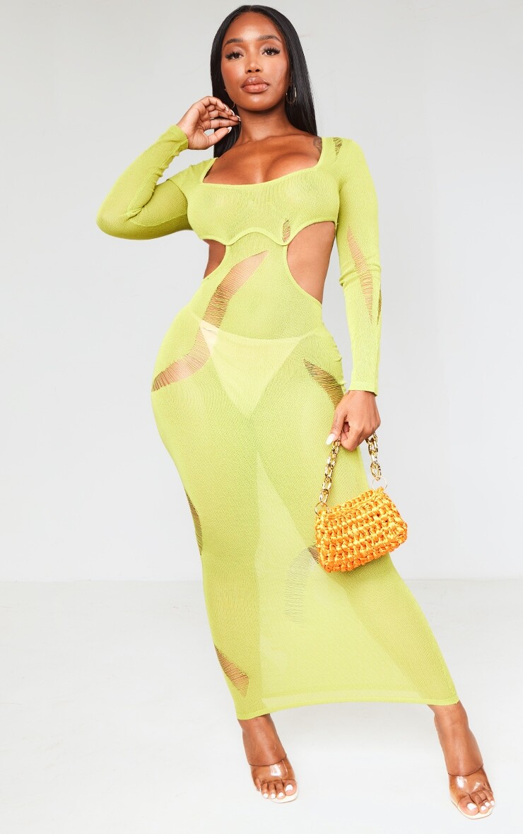 

PrettyLittleThing Оливковое прозрачное трикотажное платье макси с вырезами, Зеленый, PrettyLittleThing Оливковое прозрачное трикотажное платье макси с вырезами