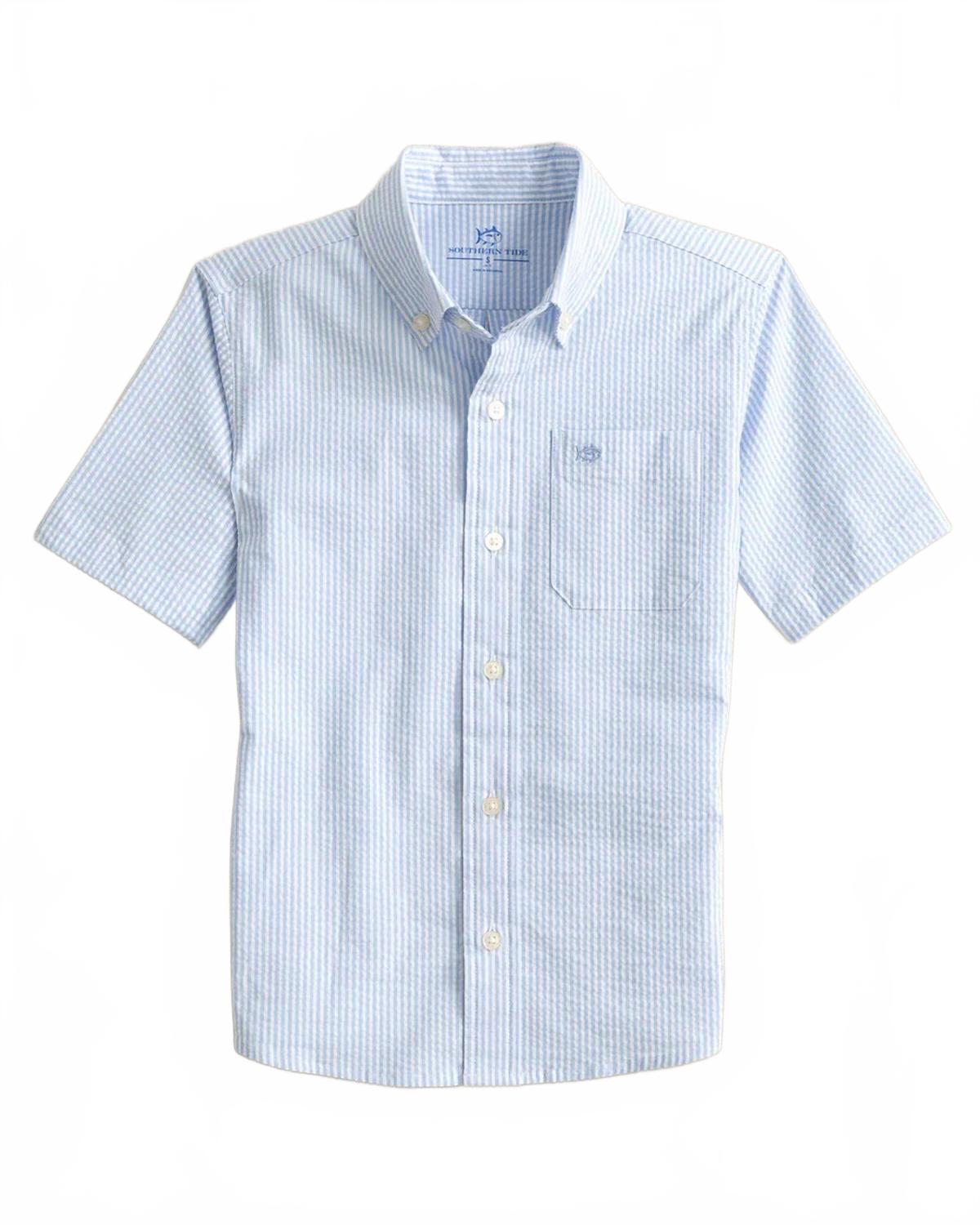 

Детская полосатая рубашка с коротким рукавом Folly Field в цвете Ocean Channel Blue SOUTHERN TIDE