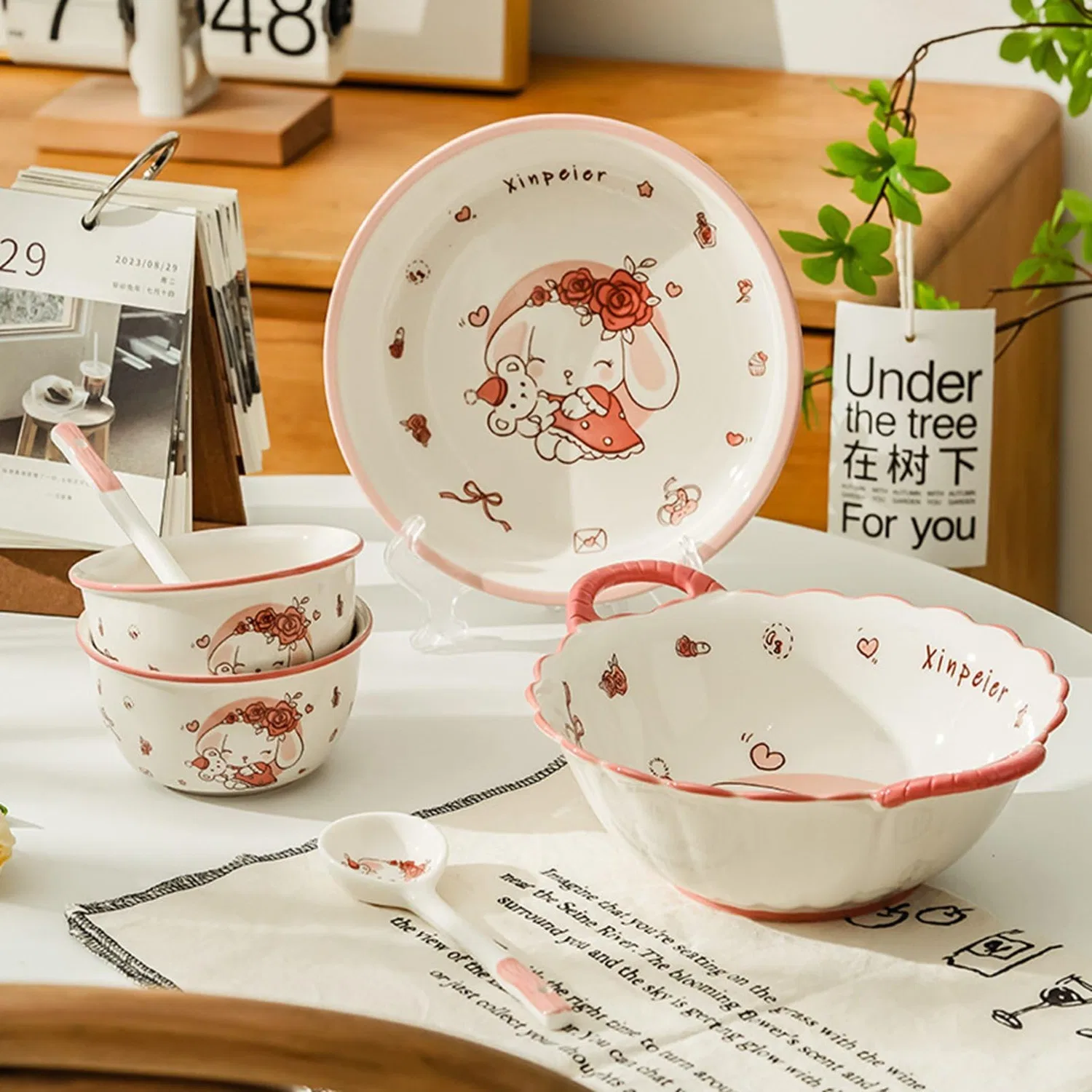 Детский набор посуды из керамики с узором кролика, розовый, "4.75 inch bowl", 2 предмета, от WOOYOO — фото 2