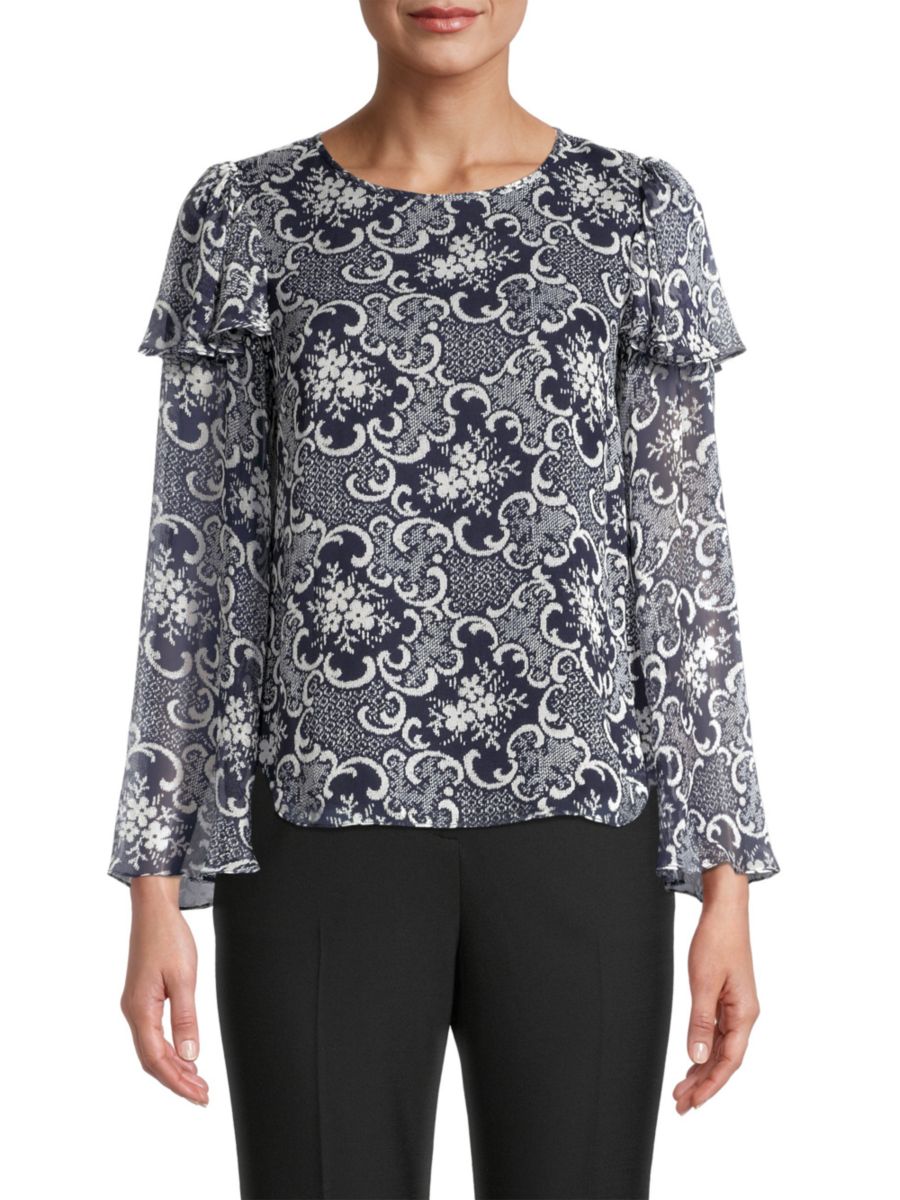 

Шелковая шифоновая блузка с оборками Rochelle Fleur Rebecca Taylor, цвет Blue Floral Multi