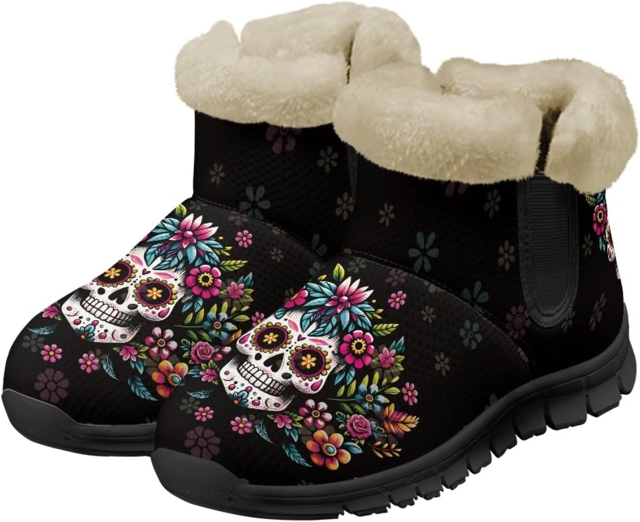 

Зимние сапоги Noprintge для женщин и мужчин, мягкие с уютной плюшевой подкладкой, нескользящие теплые ботинки, Skull Floral