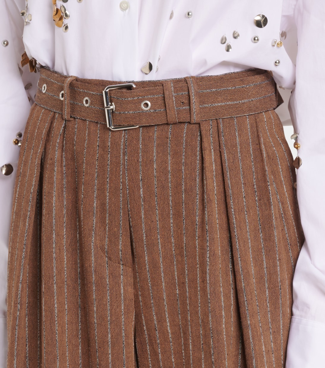 Широкие брюки из смесовой льняной ткани Dries Van Noten, кэмел — фото 4