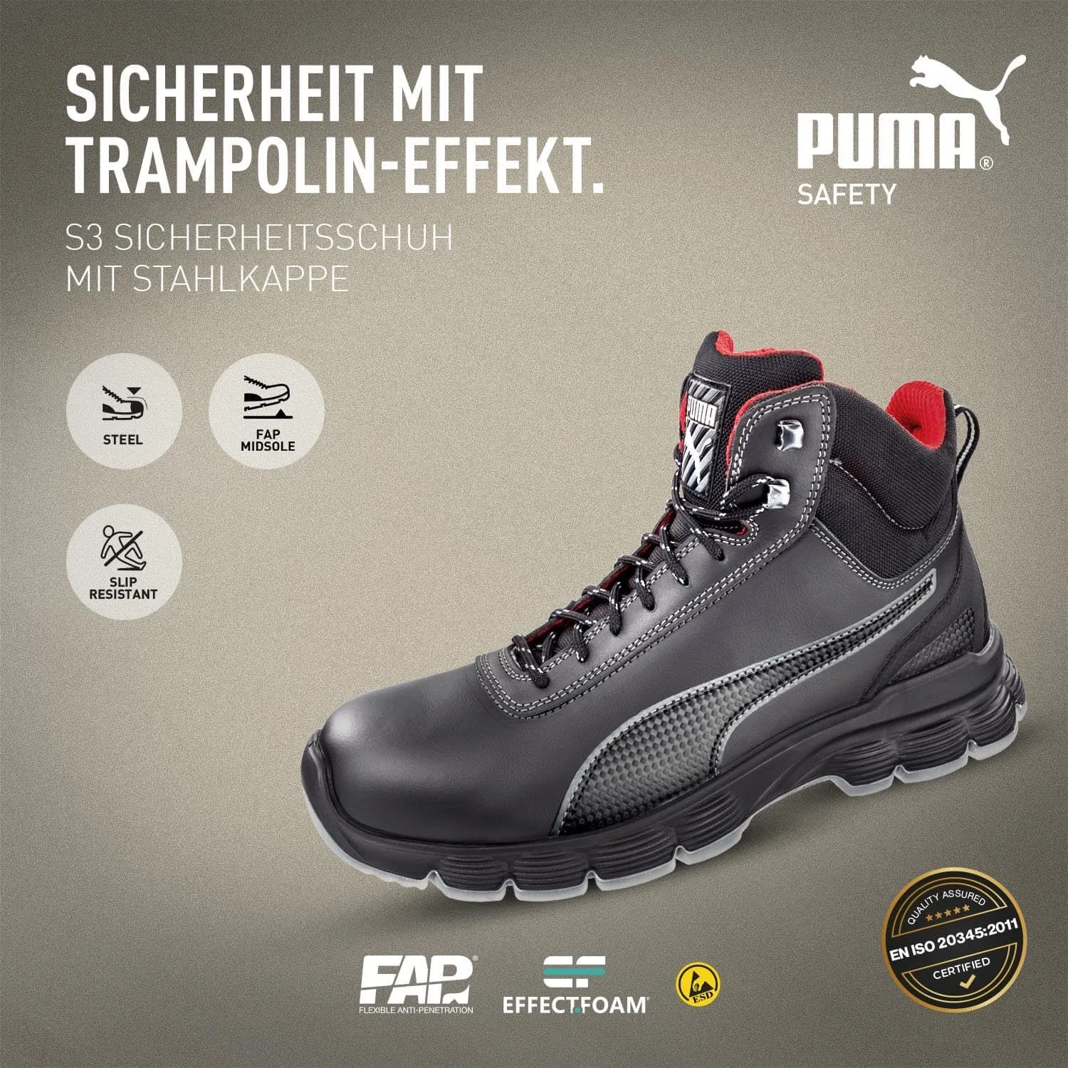 Отличные мужские защитные ботинки PUMA Safety Condor MID, модель S3 ESD SRC, стальные защитные носки, защита от электроники, неустойчивая подошва Puma Industries, черный — фото 4