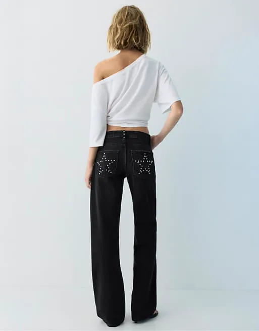 

Pull&Bear Черные прямые джинсы с заклепками в виде звездочек