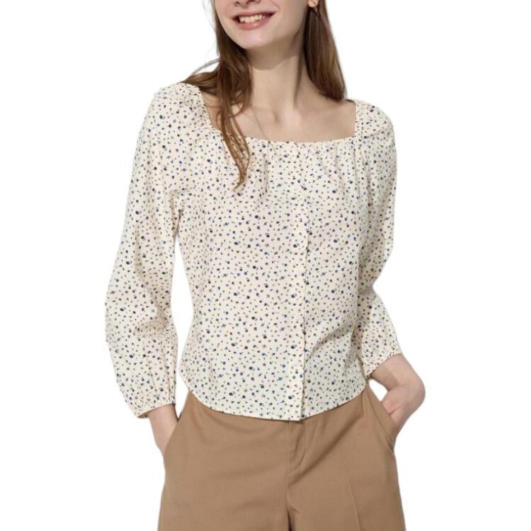 

Хлопковая блузка с квадратным вырезом и принтом UNIQLO, молочно-белый