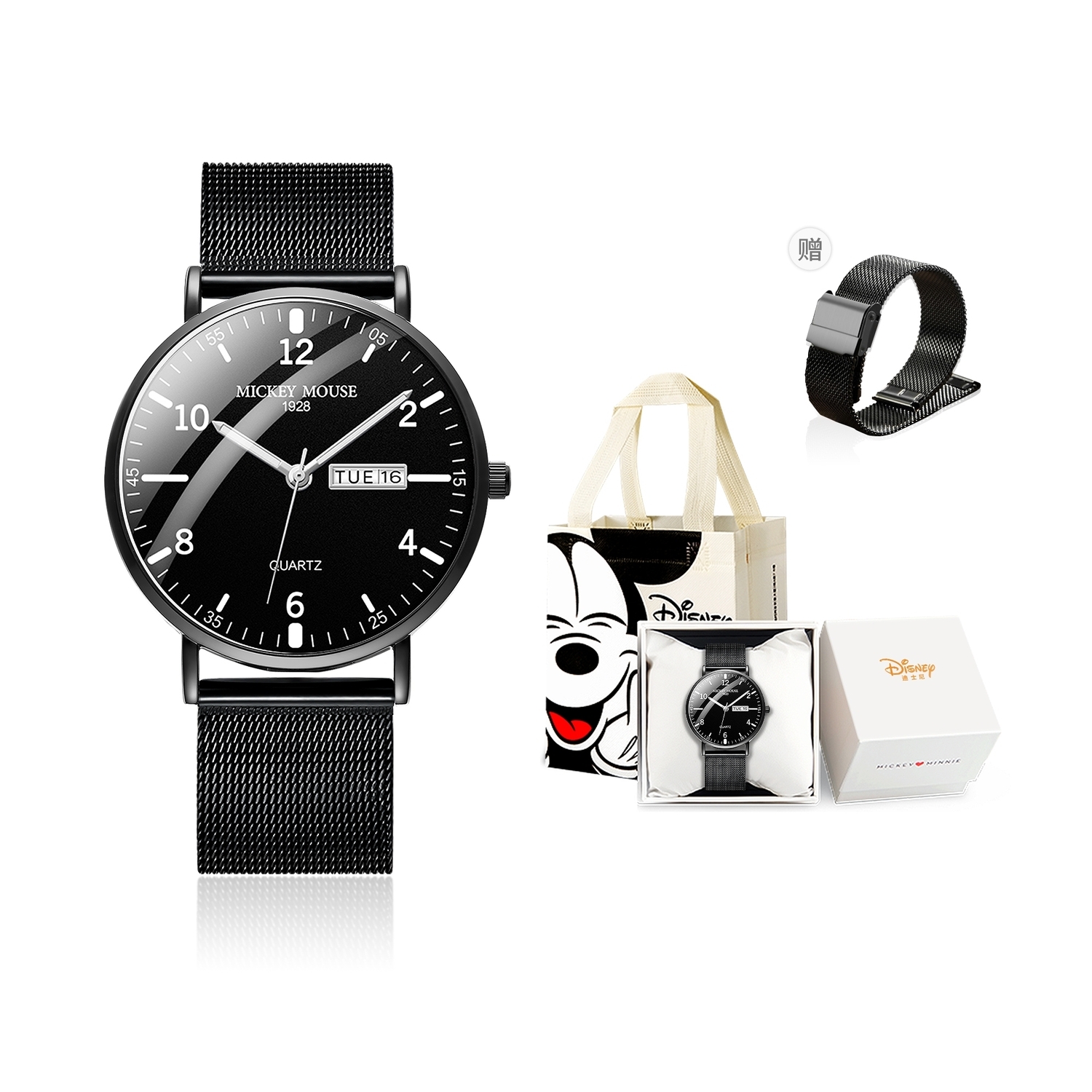 

Disney Часы Mickey Series Quartz Movement Steel Strap Watch Men's Watch Black Dial, MK-12053B3+Spare Strap
