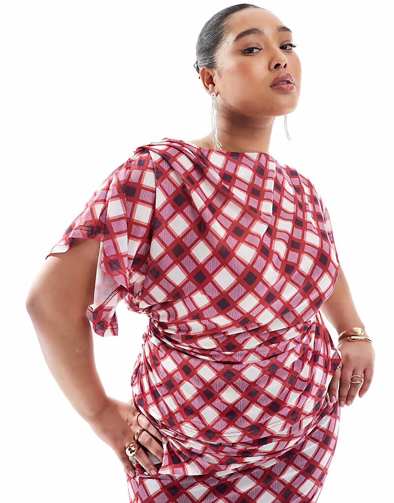 

Эксклюзивный сетчатый топ Plus с драпировкой по бокам и рукавами в красную клетку Renee Studio