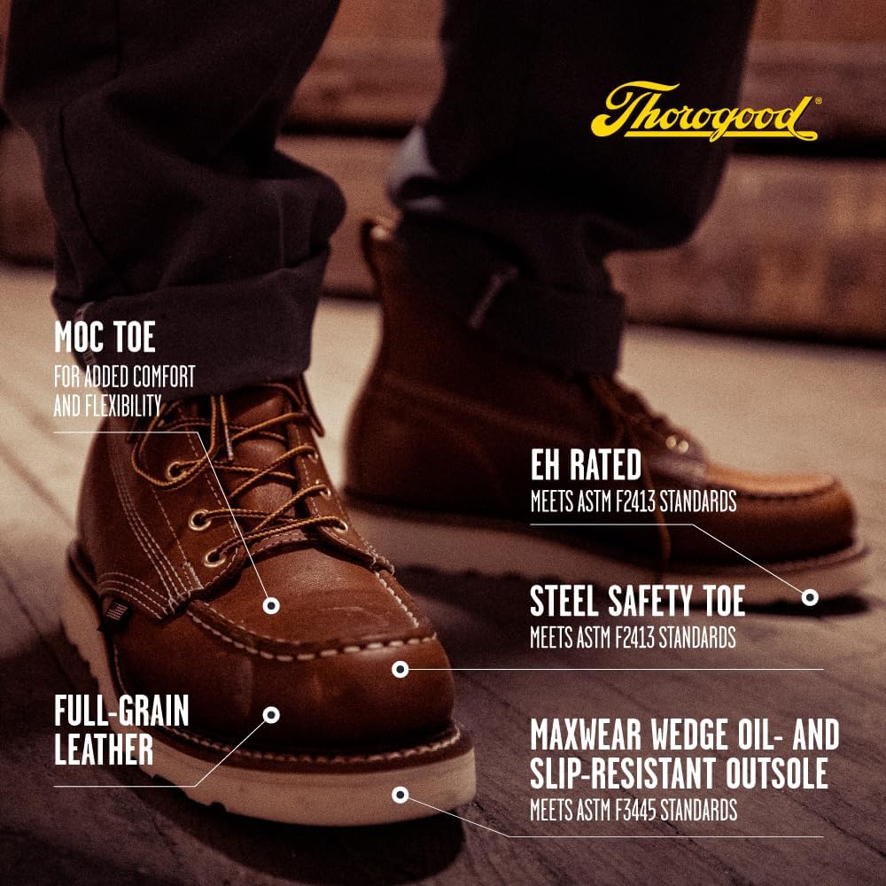 Ботинки Thorogood American Heritage с стальным носком 6 для мужчин - из цельнозернистой кожи с Мок-Тоу, противоскользящей подошвой клиновидной формы и комфортной стелькой; сертифицированы по стандарту EH, Crazyhorse — фото 4
