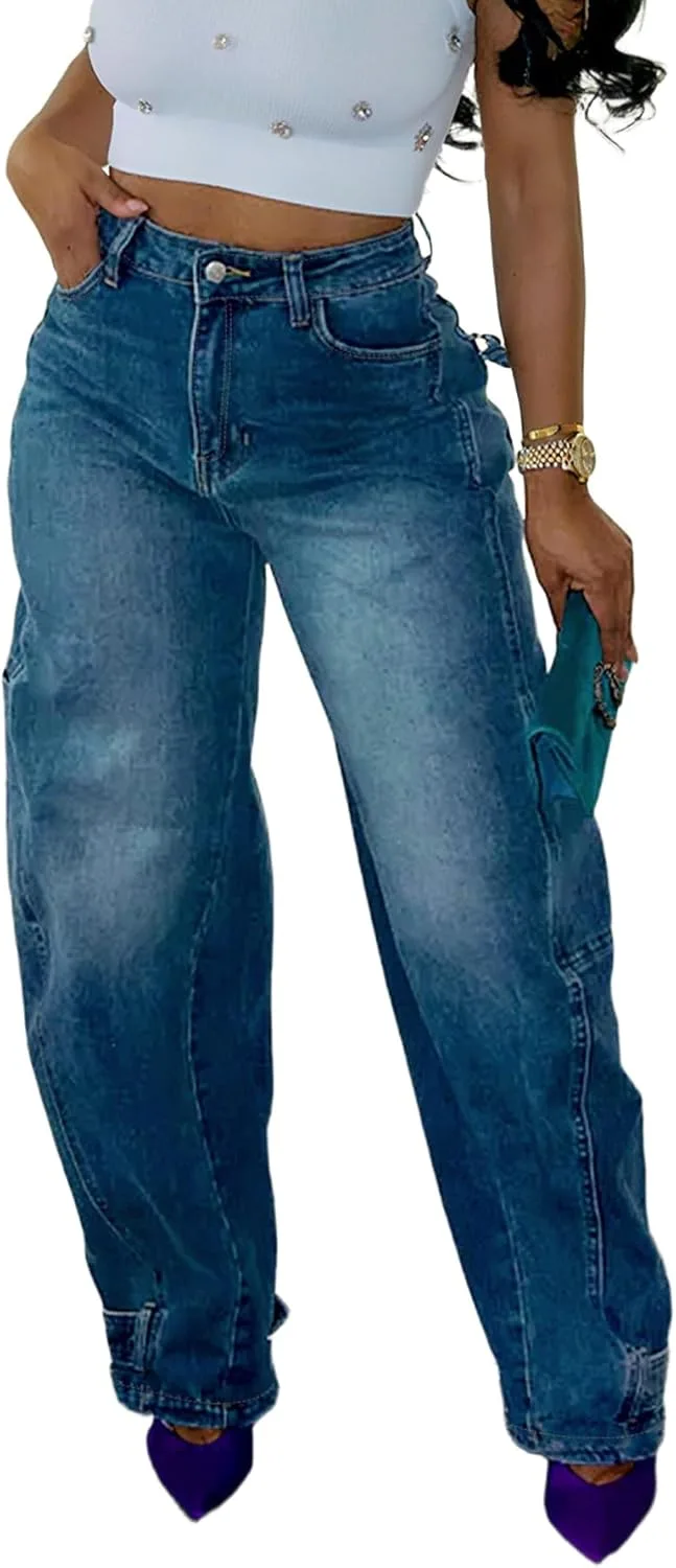 

Женские высокие карго-джинсы с карманами, прямые широкие