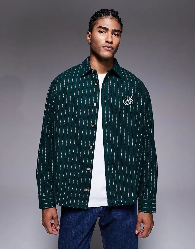 

Рубашка свободного кроя ASOS DESIGN в зеленую полоску с вышивкой на груди