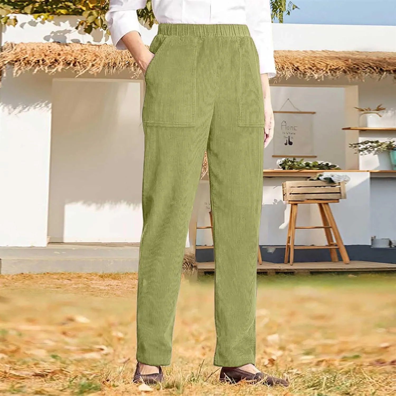 Женские брюки из вельвета Casual с эластичным поясом, прямые, высокие, из мягкого хлопка, с карманами Generic, зеленый — фото 2
