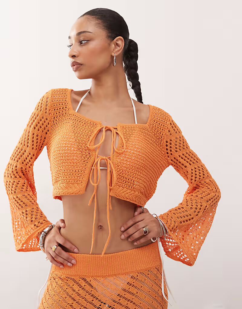 

Вязаный крючком кардиган с завязками спереди оранжевого цвета Noisy May