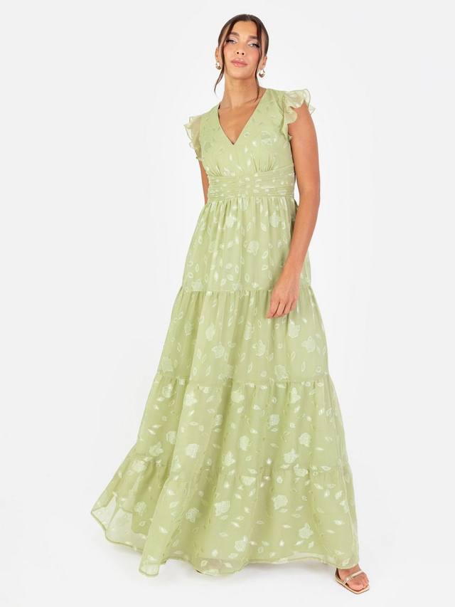 

Макси-платье с v-образным вырезом и цветочным развевающимся рукавом Maya Deluxe, цвет Sage Green