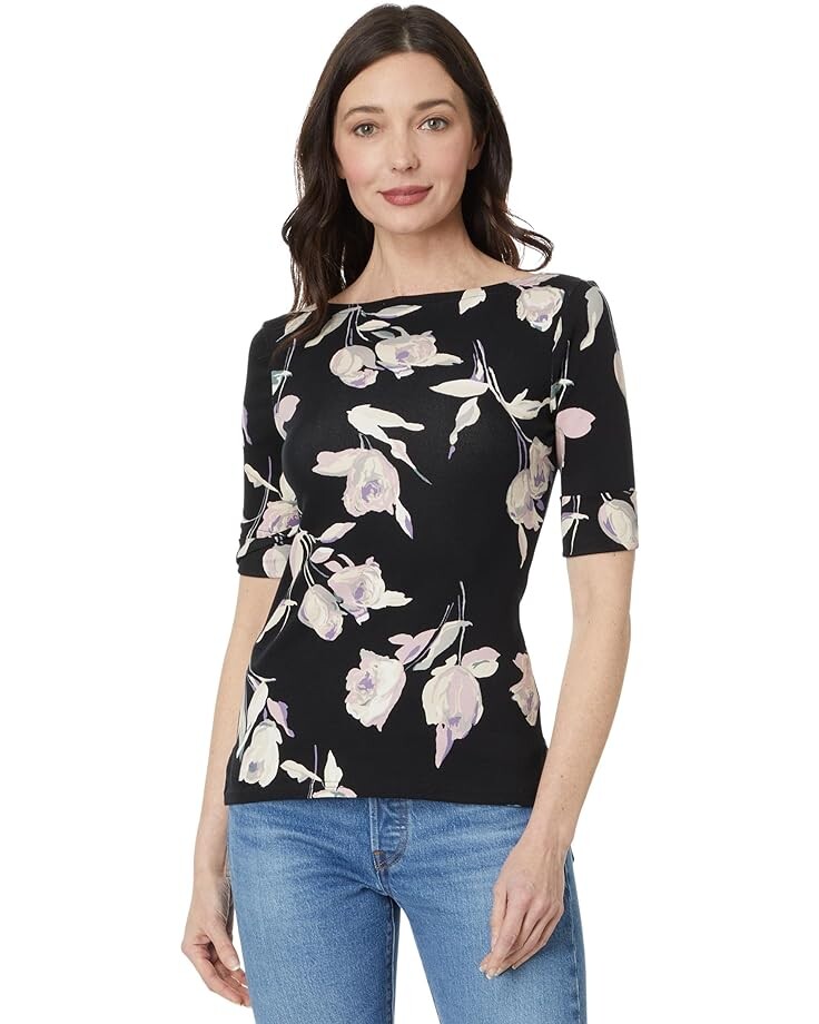 

Футболка LAUREN Ralph Lauren Petite Floral Stretch Cotton Boatneck, черный