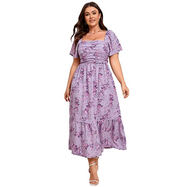 

Платье женское plus size casual с цветочным принтом и квадратным вырезом Seoria, Purple Pink Flower