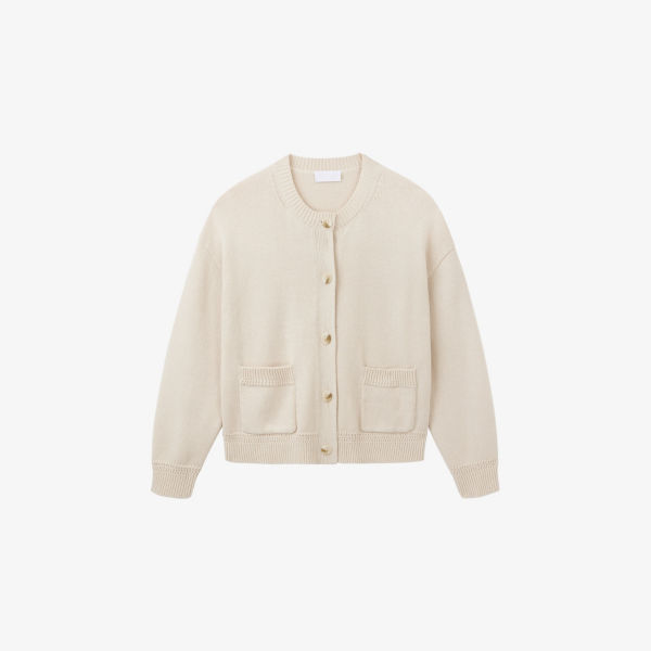 

Кардиган с круглым вырезом из хлопка и шерсти с отделкой стежками The White Company, цвет latte