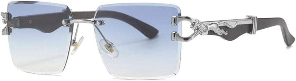 

Винтажные квадратные солнцезащитные очки без оправы 2027 года для женщин и мужчин. Модные солнцезащитные очки в стиле панк, металл, леопардовый принт MTZJH, Blue