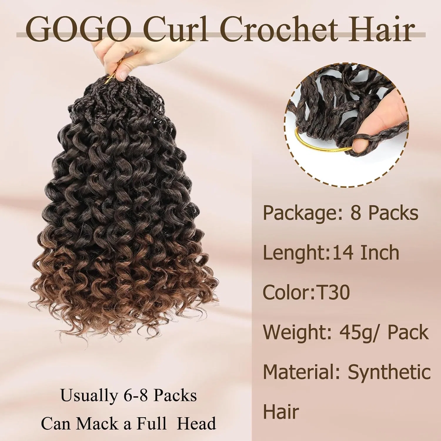 Искусственные волосы для плетения GoGo Curl Crochet Hair 14 дюймов Herkeymidy, T30 — фото 2