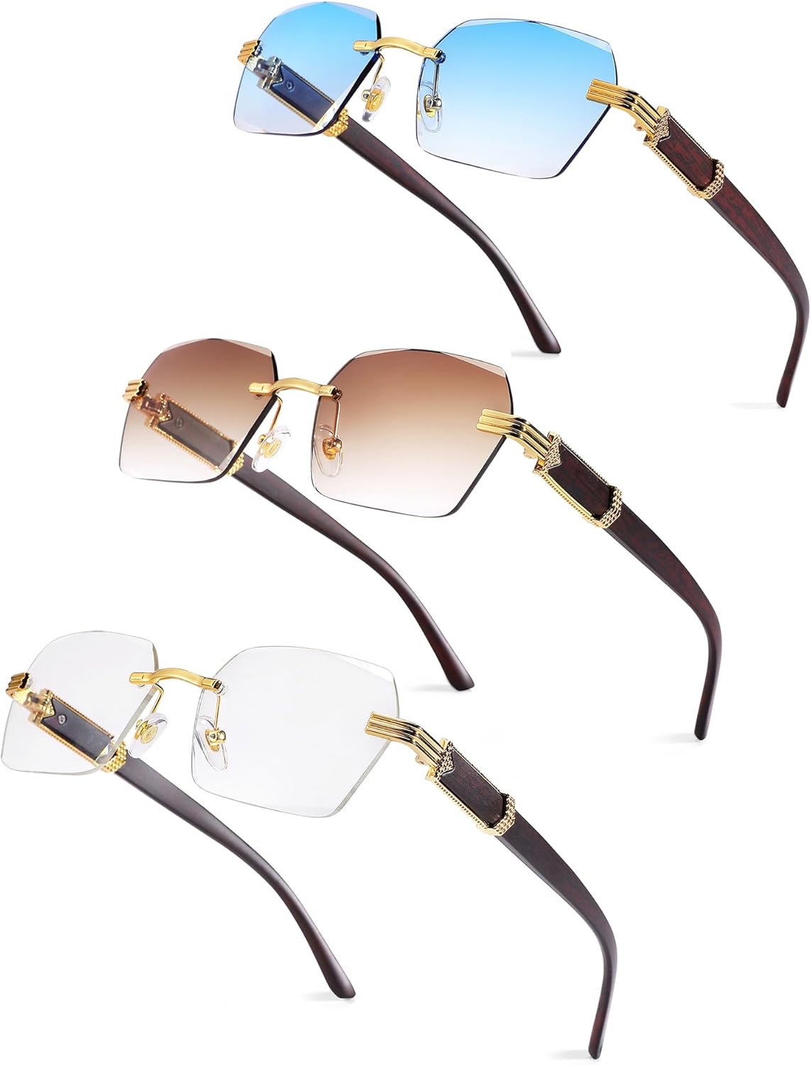 

Солнцезащитные очки Pro Acme без оправы, прямоугольной формы, для мужчин и женщин, шестиугольные солнцезащитные очки, безрамочные очки в стиле Y2K, A4 3 Pack (Clear + Brown Gradient + Blue Gradient)