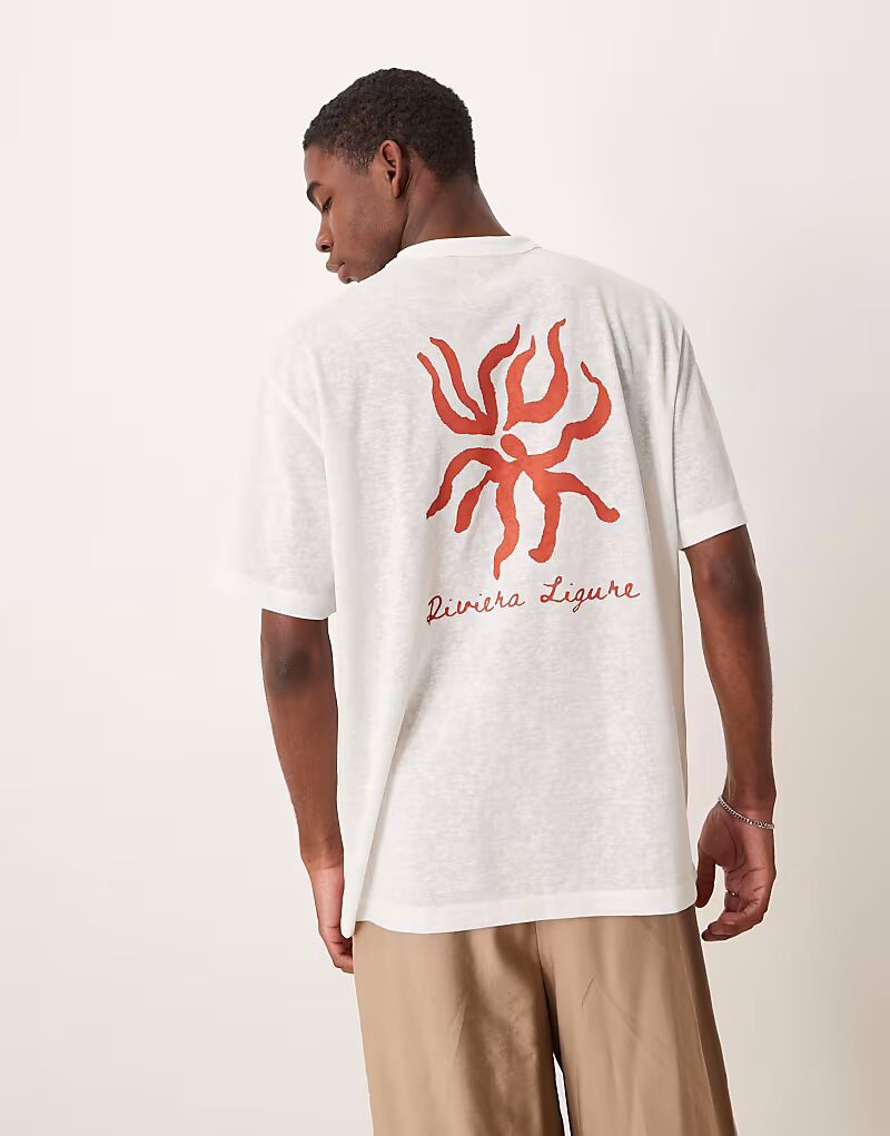 

Футболка свободного кроя из льняного материала с принтом «Ривьера» в цвете «кремовый» Asos Design, Бежевый, Футболка свободного кроя из льняного материала с принтом «Ривьера» в цвете «кремовый» Asos Design