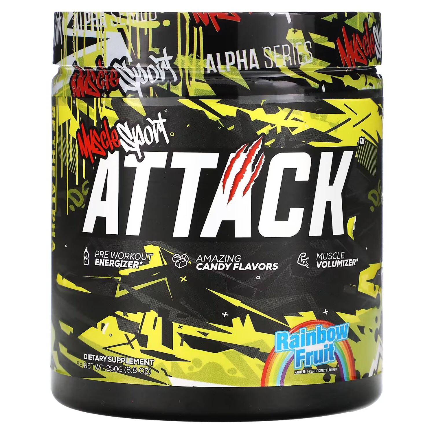 

Attack, энергетик перед тренировкой, радужные фрукты, 8,8 унции (250 г) Musclesport