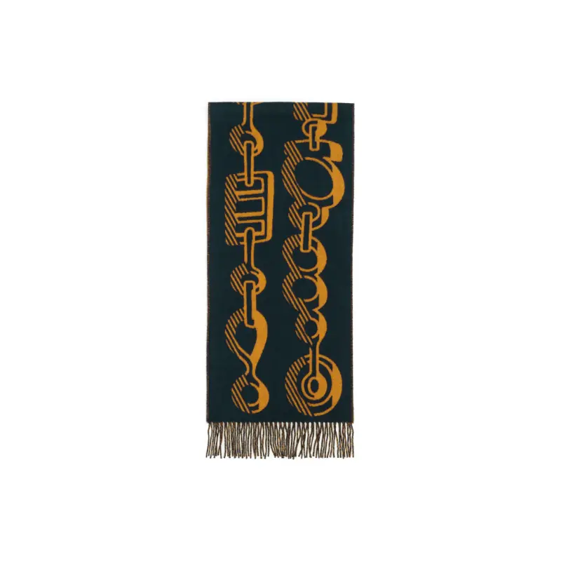 

HERMES Кашемировый вязаный шарф женский черный синий/охристый желтый, Black Blue/Ochre Yellow