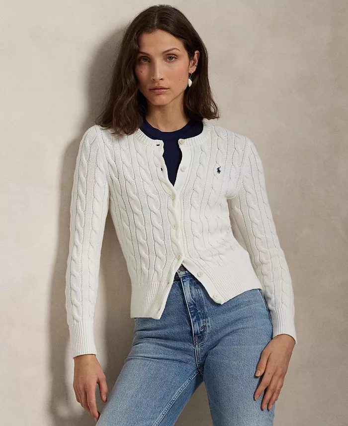 

Женский кардиган с круглым вырезом и узором "косичка" из хлопка Polo Ralph Lauren, белый