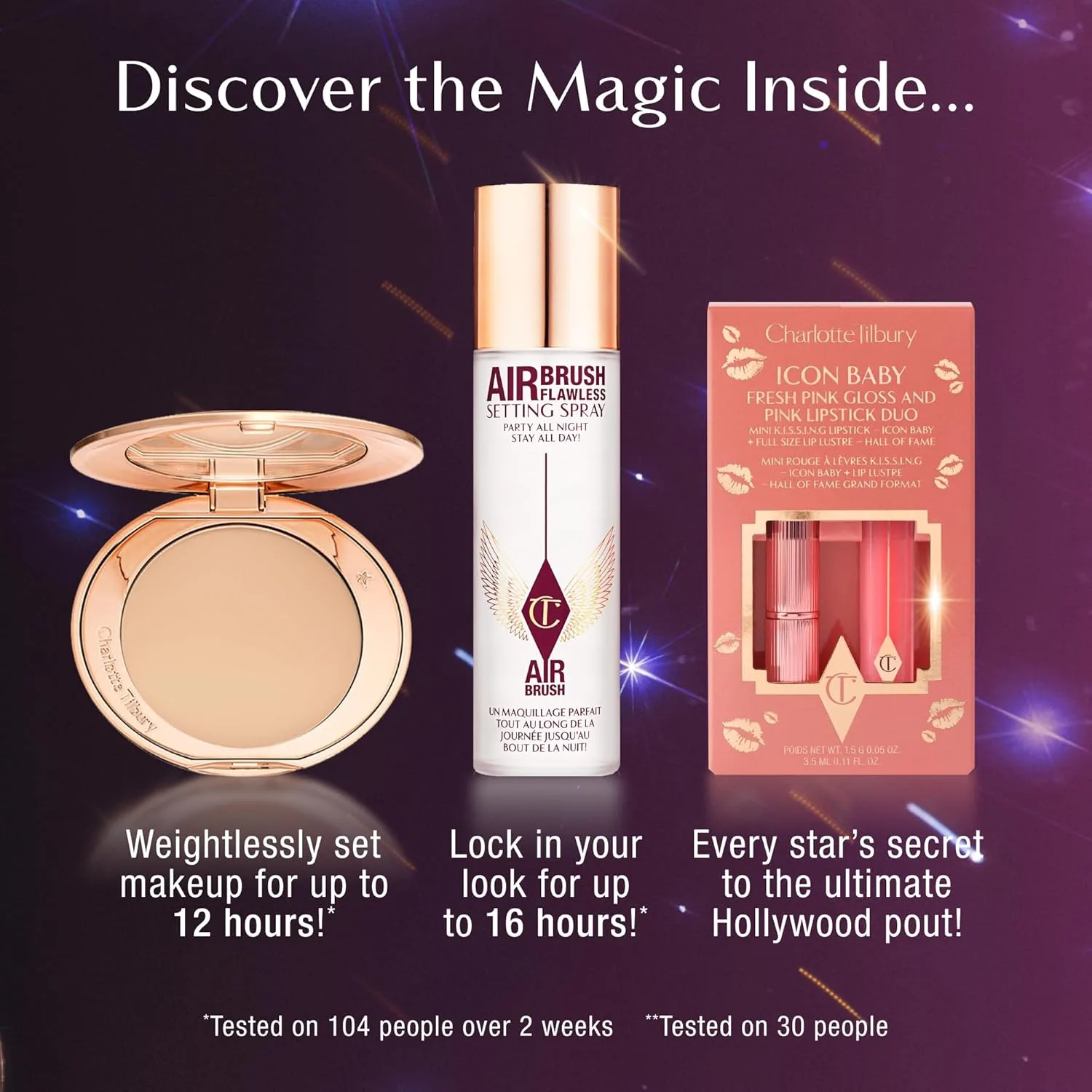Набор Charlotte Tilbury Holiday Kit - спрей AIRbrush Flawless Setting Spray, пудра AIRbrush Flawless Finish и дуэт Icon Baby Lip Duo - увлажняющий спрей и прессованная пудра с розовым блеском для губ, pink — фото 2