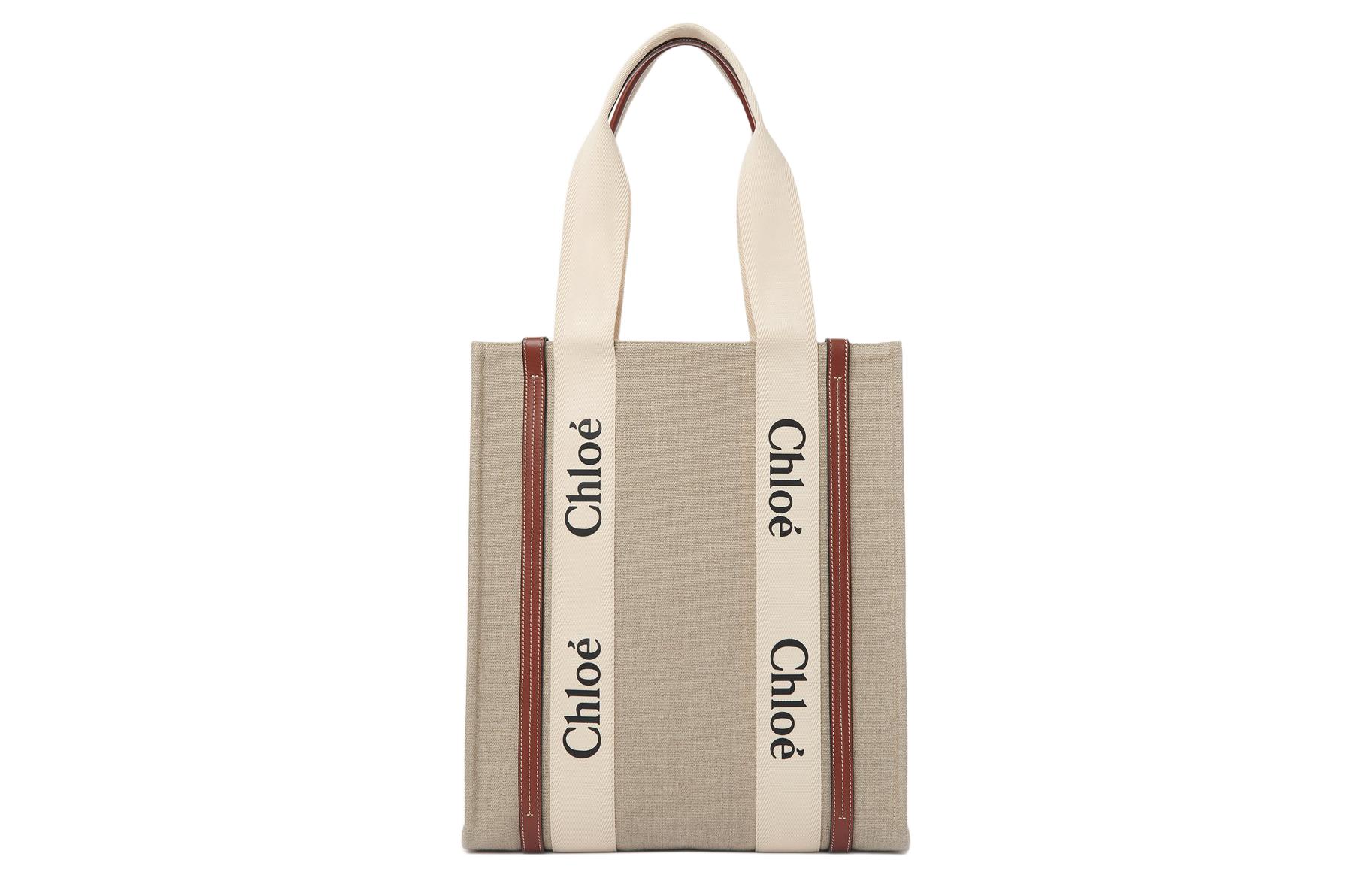 

Chloé Сумка Chloe Woody из льняного холста с коровьей кожей, женская сумка-шоппер, бежевая
