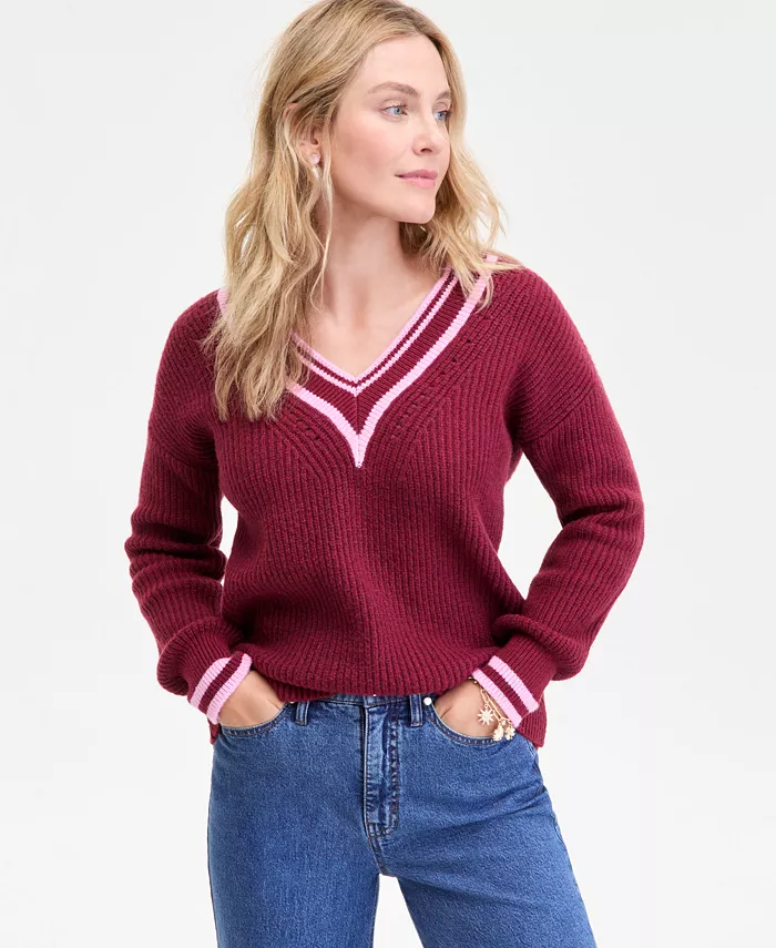 

Женский свитер с V-образным вырезом и контрастными вставками On 34Th, красный