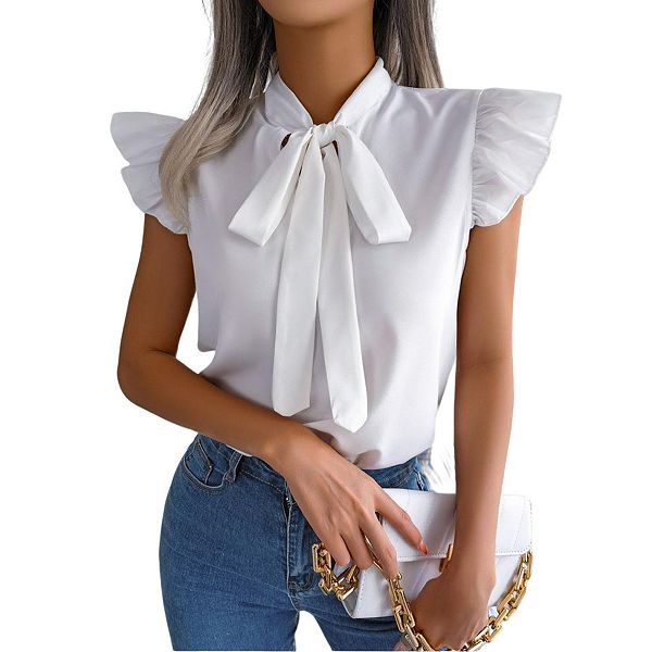 

Блузка с воротником-бабочкой и расклешенными рукавами для офиса Clearflower, White