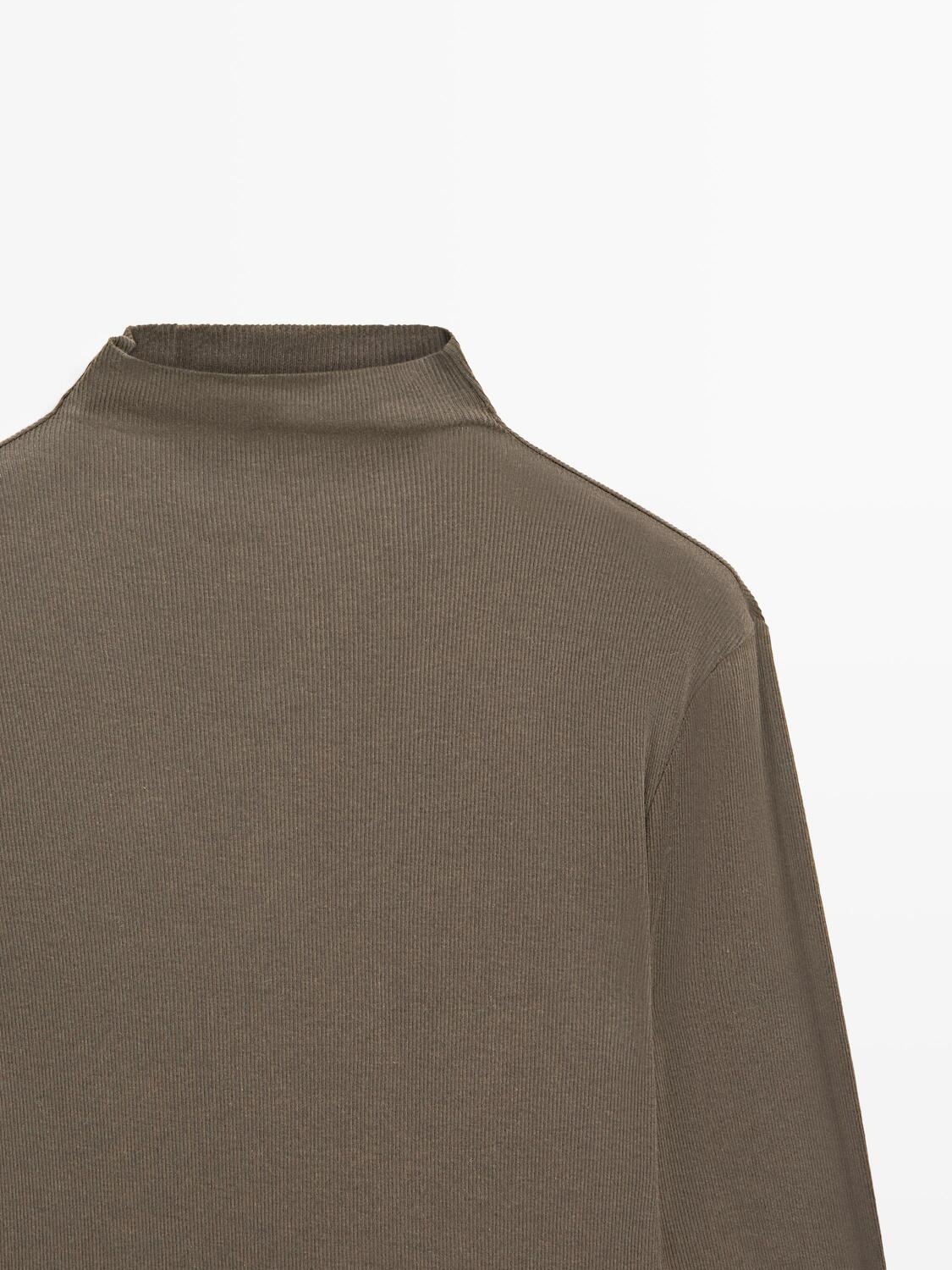 Ребристая хлопковая футболка с длинным рукавом Massimo Dutti, mocha — фото 4