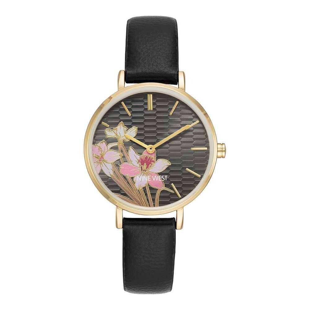 

Женские часы Nine West с цветочным циферблатом и черным ремешком, черный
