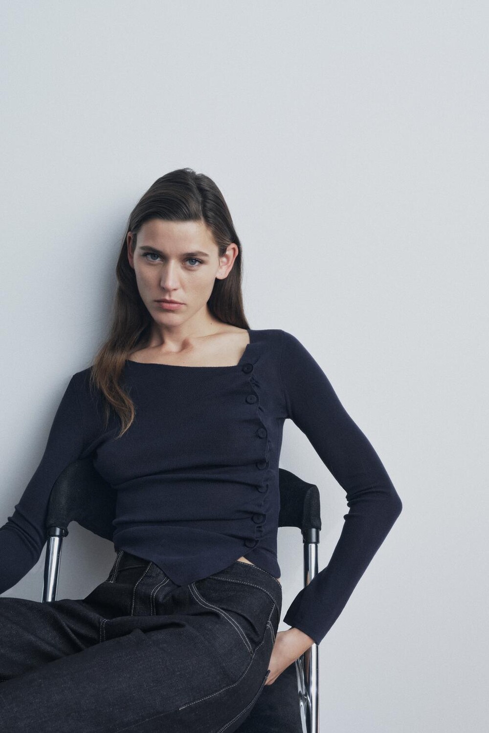 

Трикотажный топ со сборкой ZARA, темно-синий