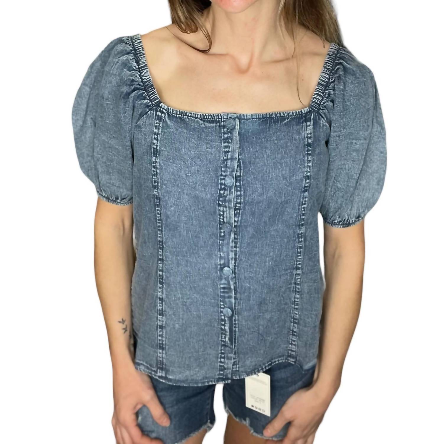 

Блузка с квадратным вырезом из выстиранного денима Oddi, цвет washed denim