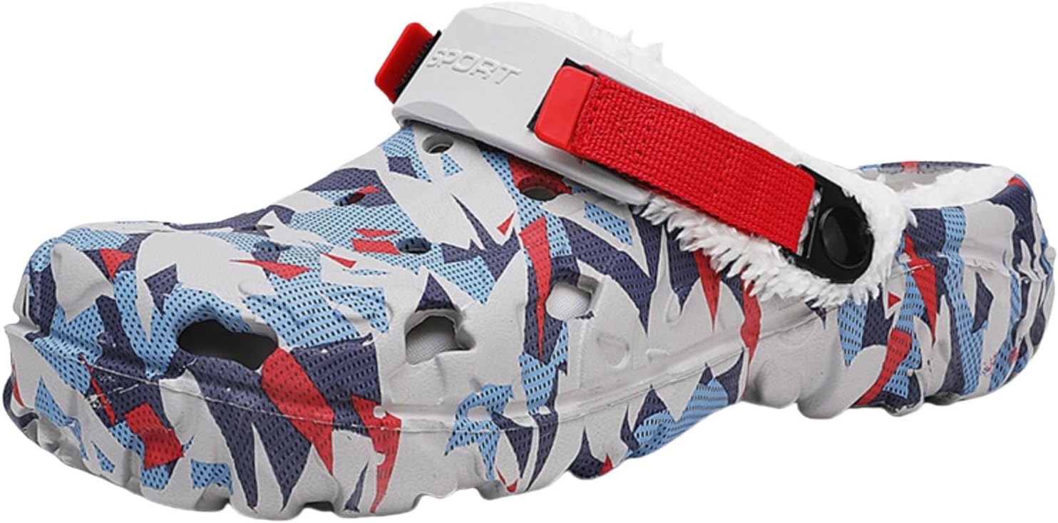 

Женские и мужские сабо с подкладкой - тапочки на искусственном меху, зимние, пушистые, без шнурков, для дома и улицы, теплые, с противоскользящей подошвой и регулируемым задним ремешком Eliogn, красный