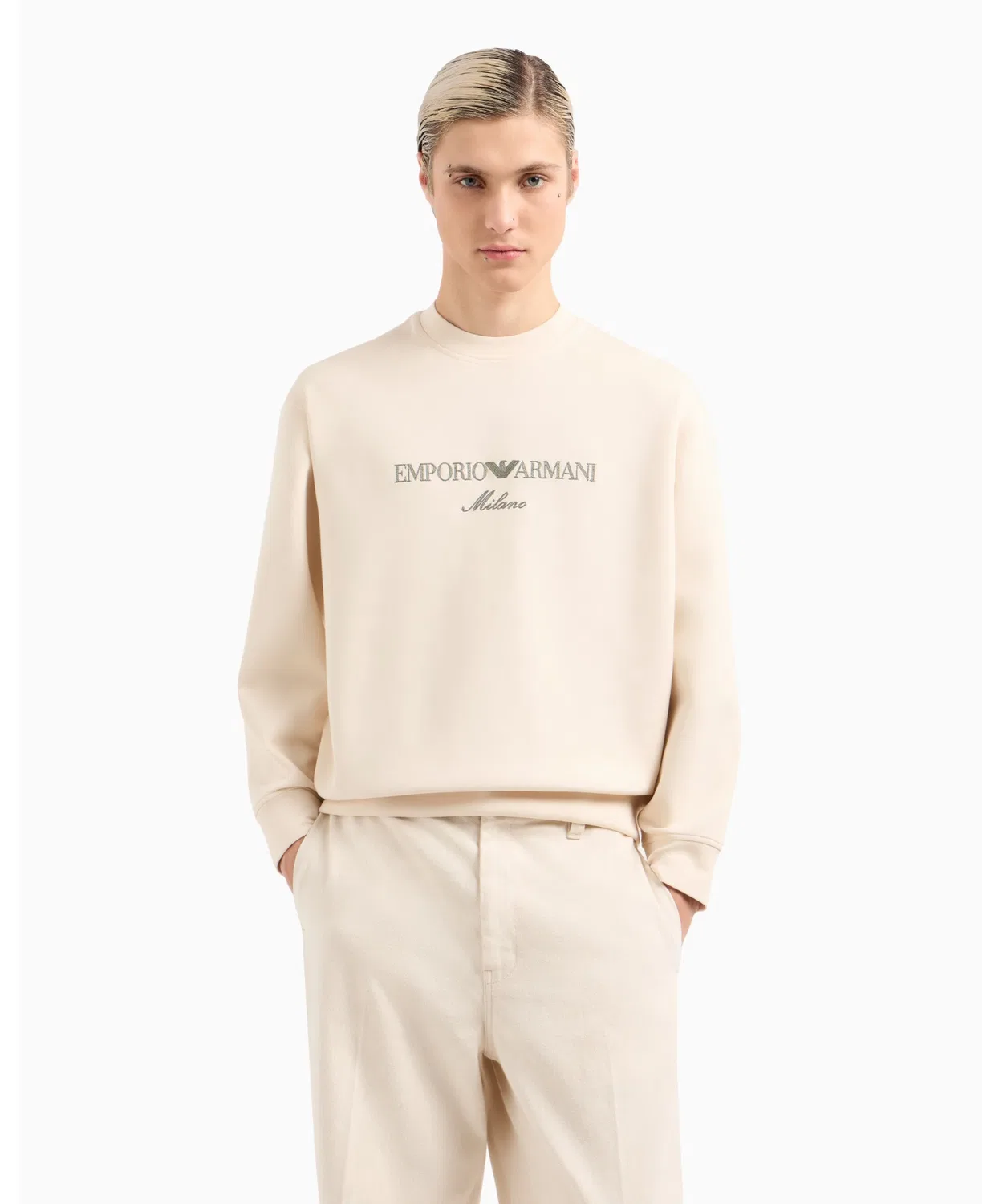 Свитшот Emporio Armani с вышивкой логотипа, двойной джерси, цвет слоновая кость