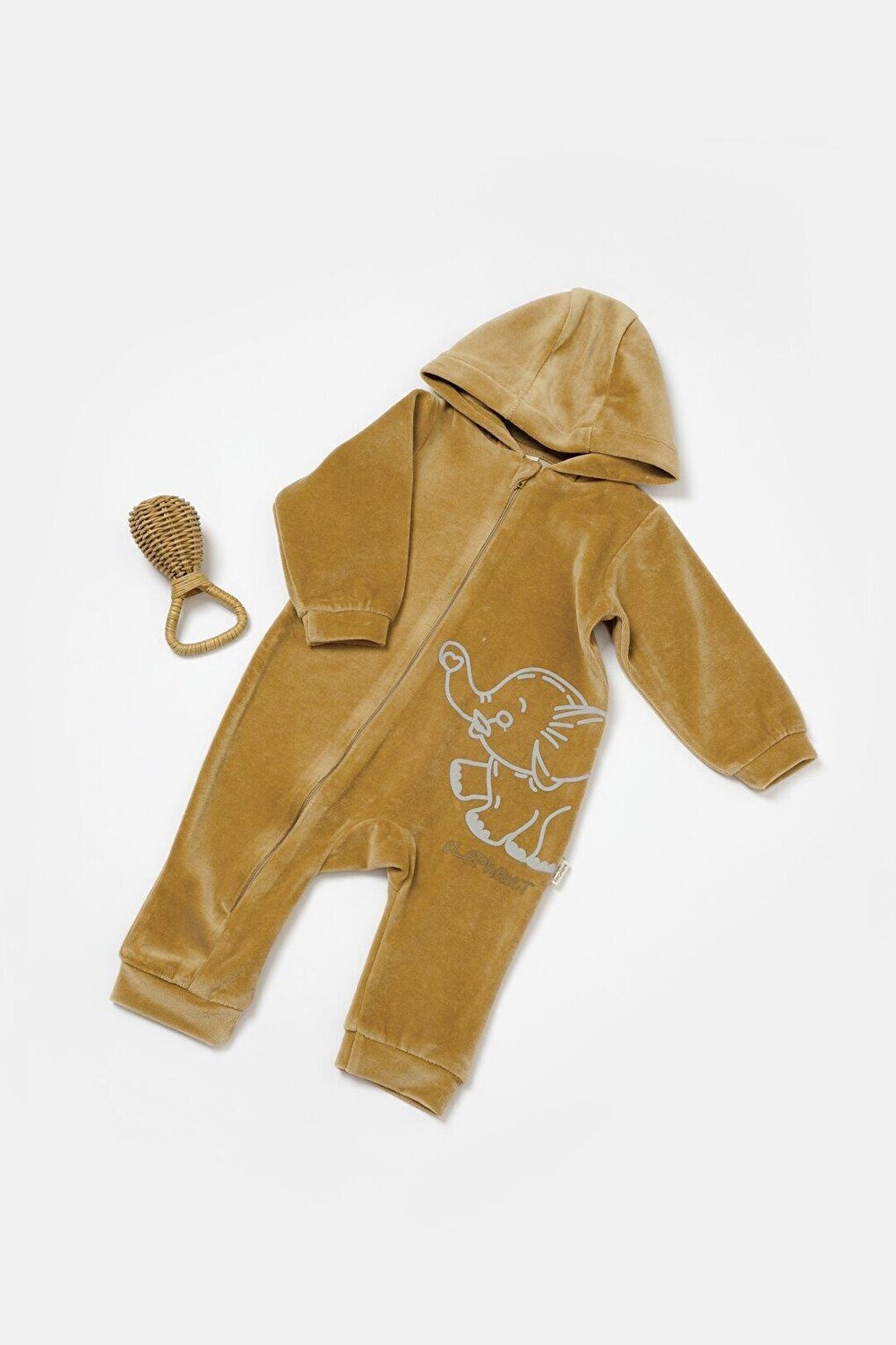 

Бархатный комбинезон на молнии с капюшоном BabyCosy Organic Wear, горчично-желтый