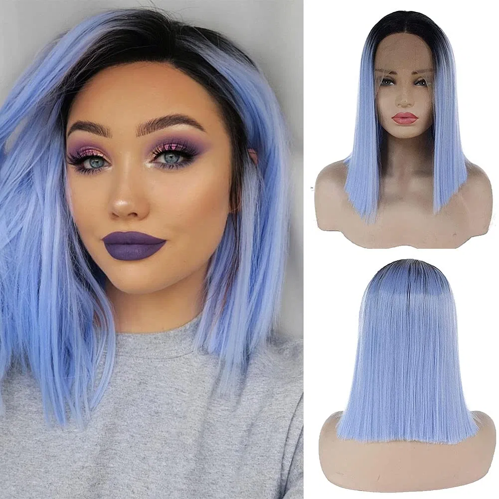 Женский короткий парик-каре Karissa Ombre Blue Synthetic Lace Front с темными корнями Karissa Hair