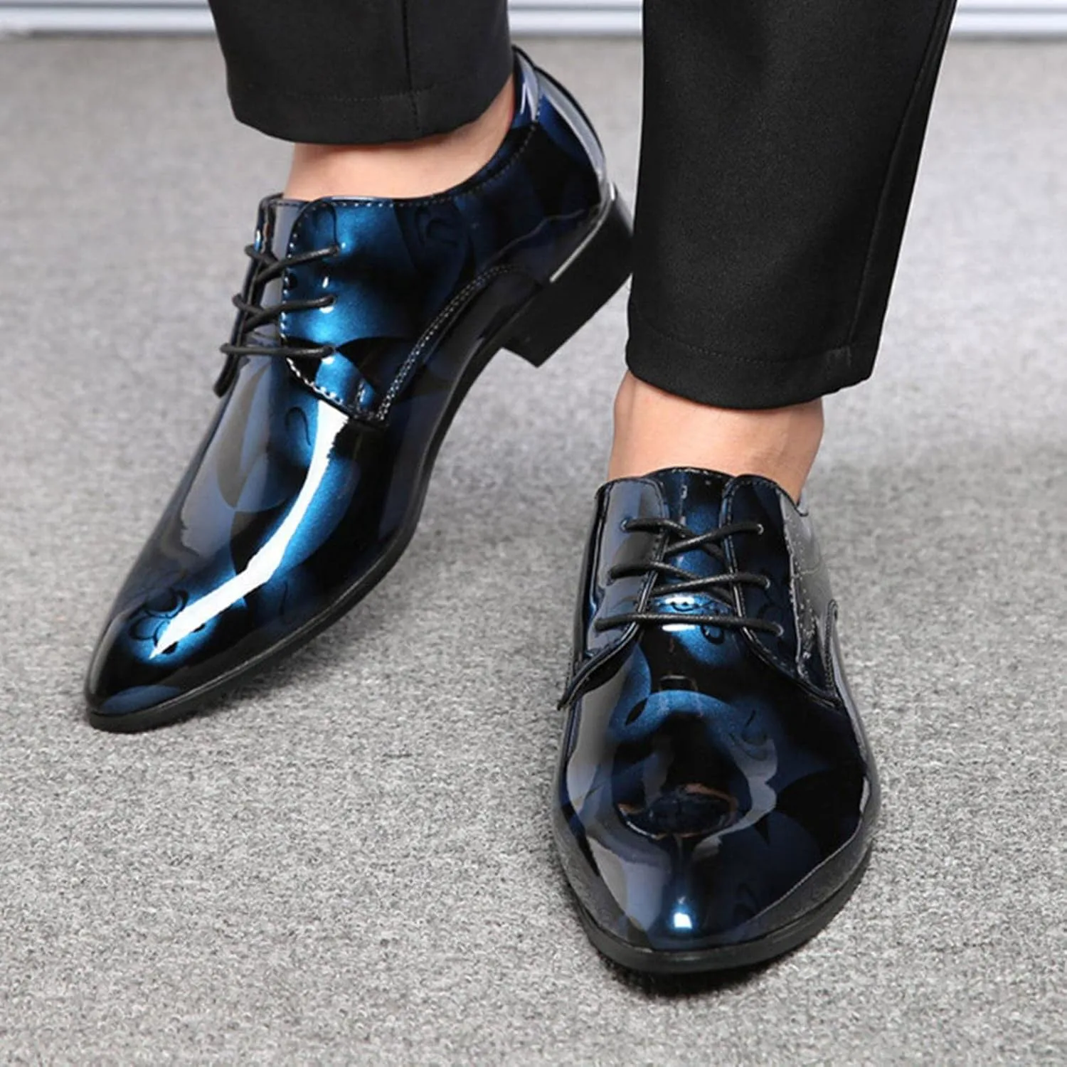 Мужские классические кожаные туфли Oxfords Hbeylia, закрытые с острым носком, шнуровка, формальные деловые туфли, модные Oxfords для смокинга с крыльями, современные туфли для мужчин, для работы в офисе и свадьбы, синий — фото 4