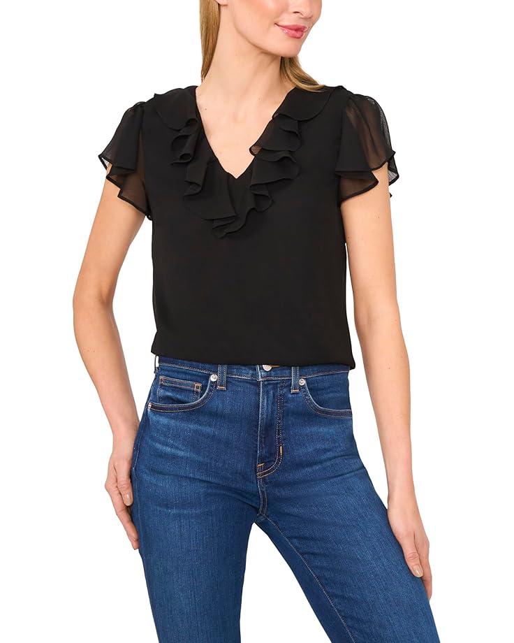 

Топ CeCe Ruffled V Neck Top, цвет Rich Black
