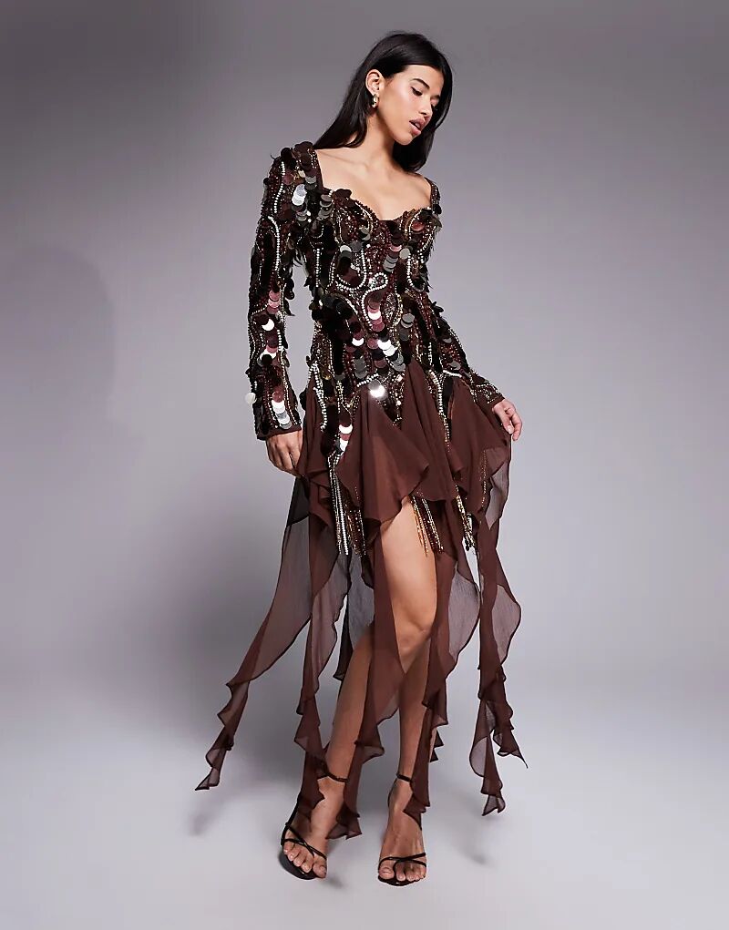 

Коричневое мини-платье ASOS LUXE из шифона с отделкой