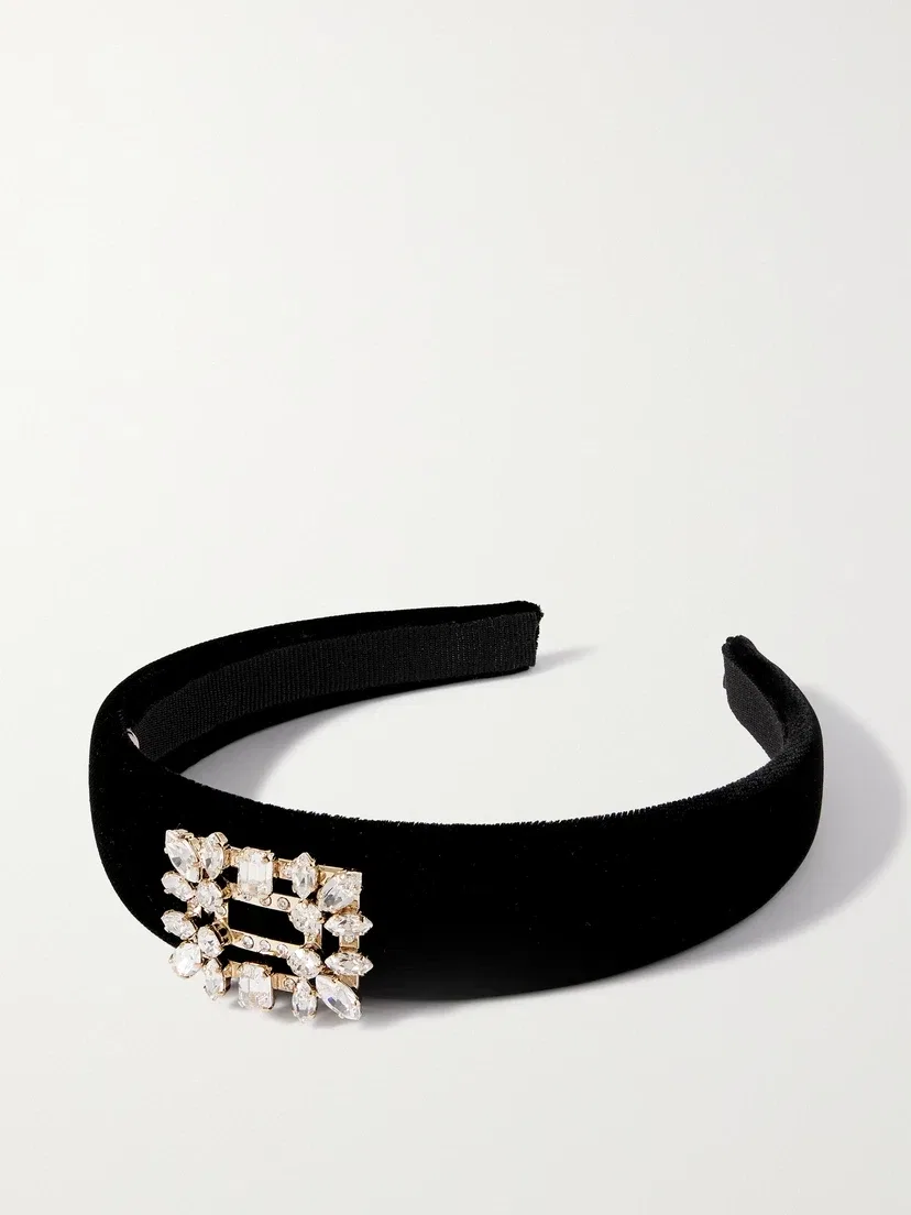 Велюровая повязка на голову, украшенная кристаллами-брошью Roger Vivier, черный