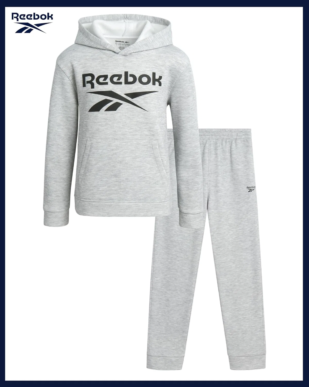 Детский спортивный костюм Reebok, 2 предмета: флисовая толстовка с капюшоном и спортивные штаны, Light Grey Heather — фото 2