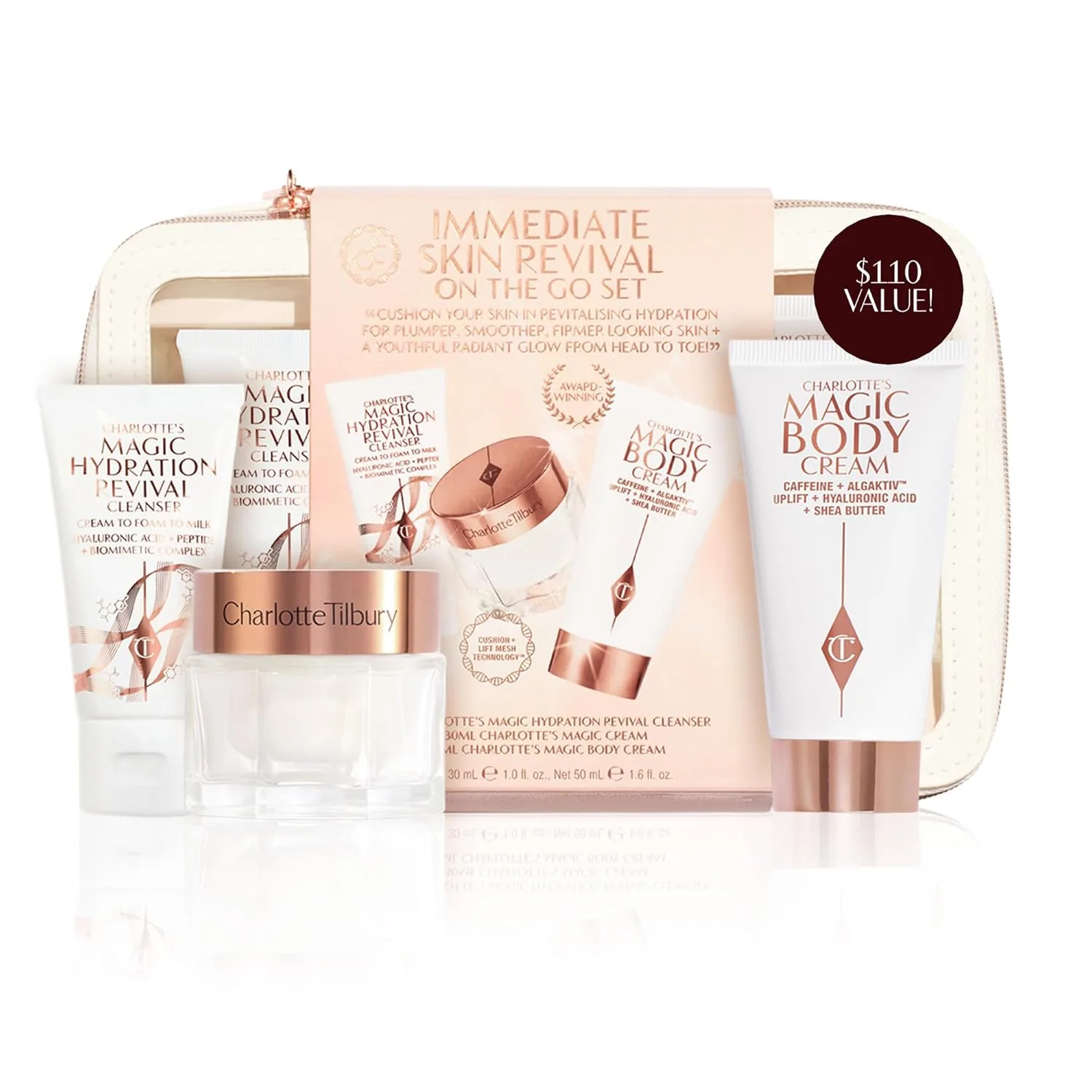 Charlotte Tilbury Immediate Skin Revival мини-набор для ухода за кожей - дорожный комплект с тоником Glow, сывороткой Magic Serum и кремом Magic Cream для здорового сияния