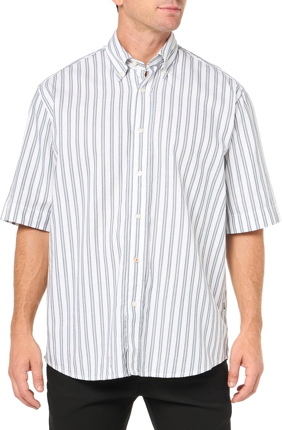 

BOSS Мужская рубашка с коротким рукавом, свободного кроя, хлопковая, на пуговицах, White Stripe