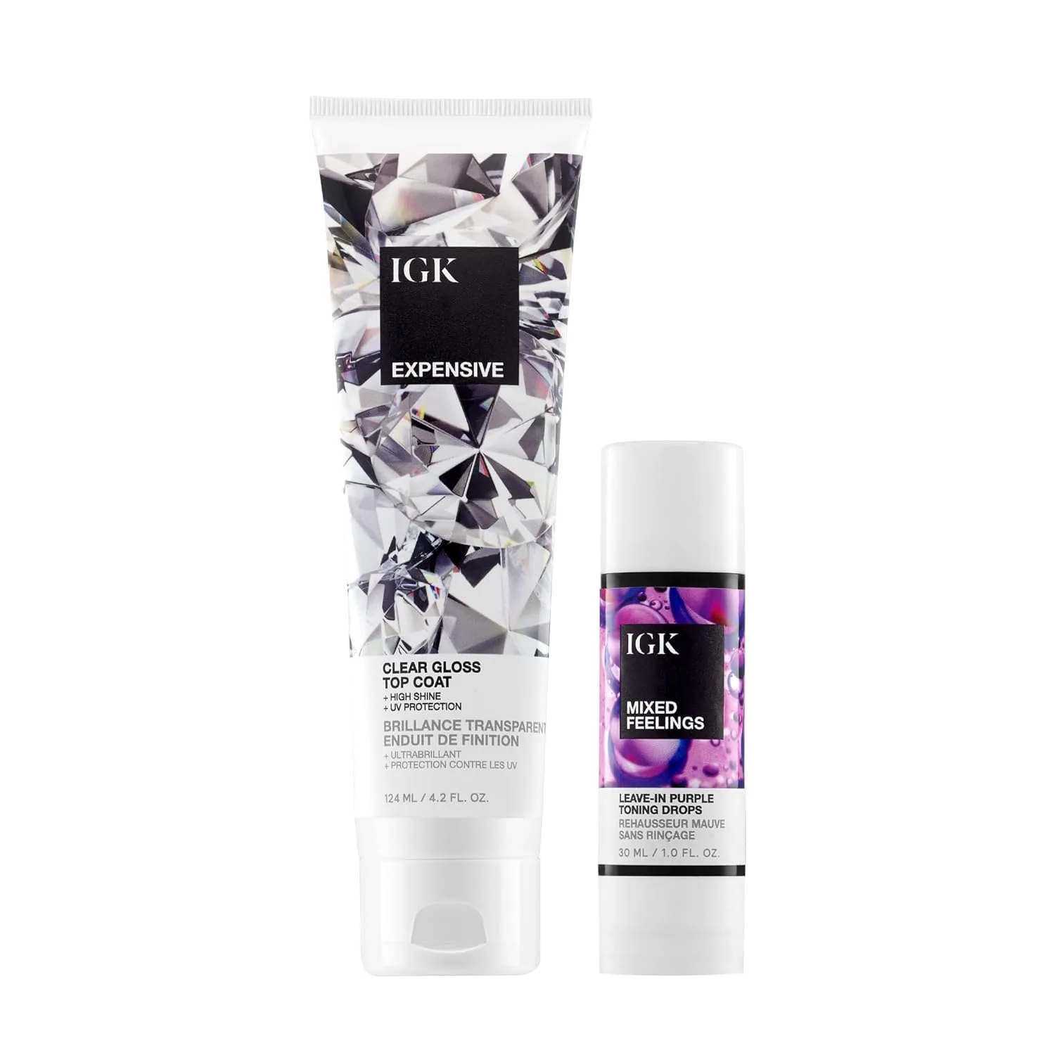 IGK Mixed Feelings Leave-In Blonde Toning Drops + Expensive Shine Gloss Treatment - дуэт для ухода и укладки волос для тонирования, блеска и послушности - Vegan & Cruelty-Free