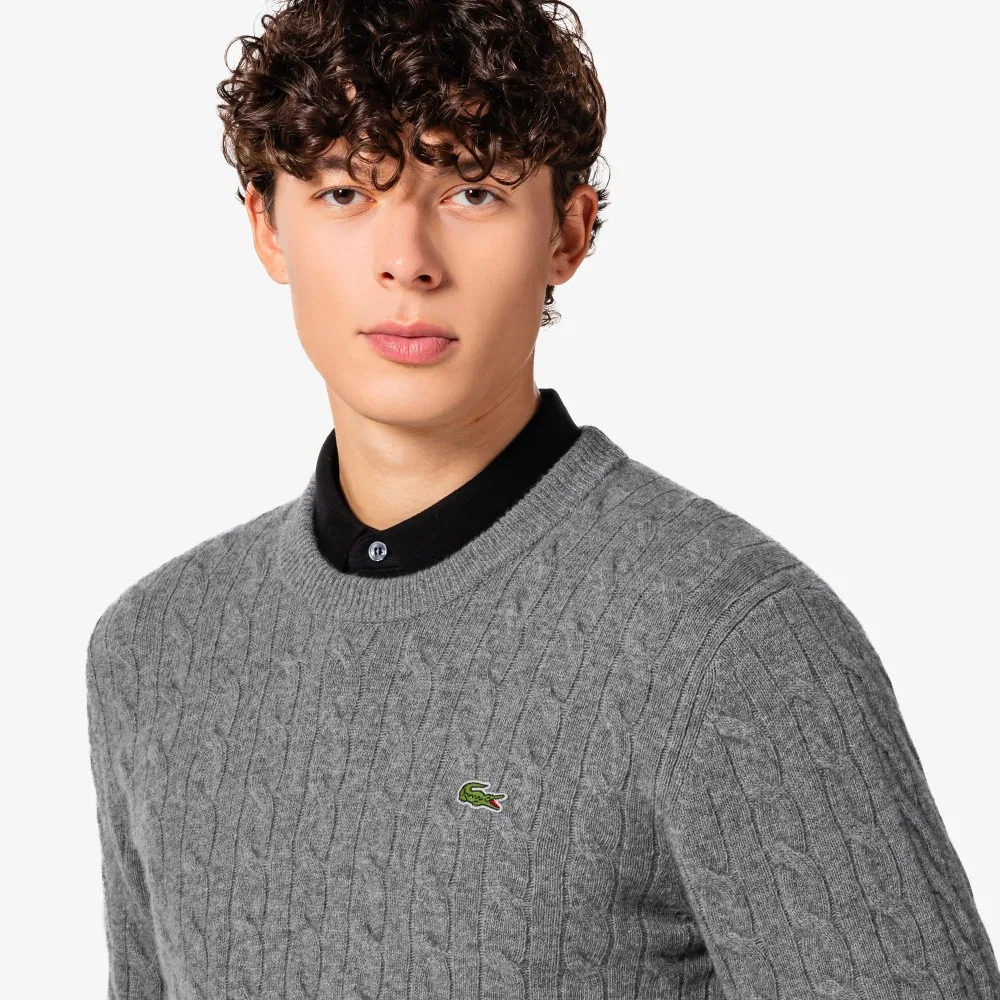 Мужской пуловер с кабельной вязкой меланжевого серого цвета от Lacoste — фото 2