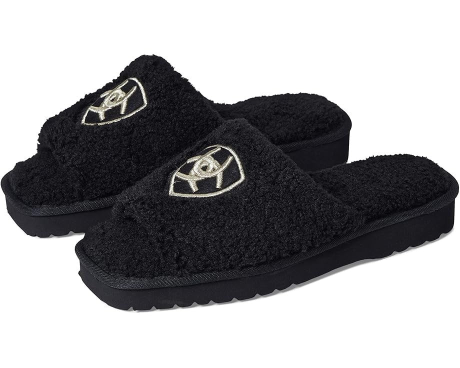 Ариат Cozy AR2697-001 Женские тапочки черные флис с вышивкой слайды JOBB1604 ARIAT